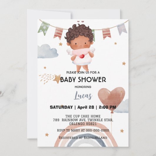 Schattigee Afro Rainbow Star Ballon baby shower Pa Kaart (Voorkant)