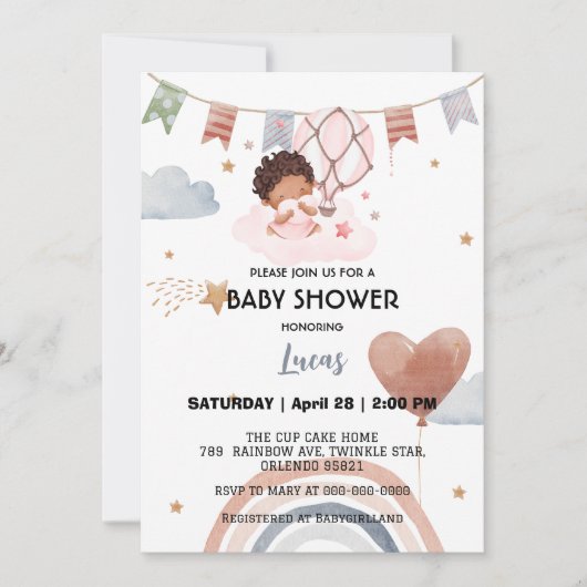 Schattigee Afro Rainbow Star Ballon baby shower Pa Kaart (Voorkant)