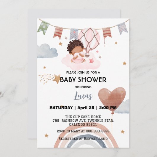 Schattigee Afro Rainbow Star Ballon baby shower Pa Kaart (Voorkant / Achterkant)