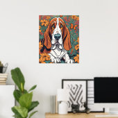 Schattigee Ai Basset Hound en Vlinder in Bloemen Poster (Thuiskantoor)
