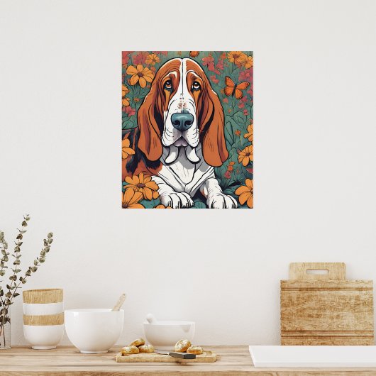 Schattigee Ai Basset Hound en Vlinder in Bloemen Poster (Keuken)
