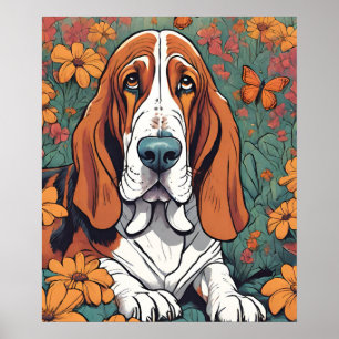 Schattigee Ai Basset Hound en Vlinder in Bloemen Poster