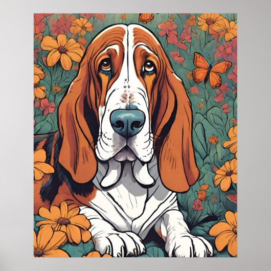 Schattigee Ai Basset Hound en Vlinder in Bloemen Poster (Voorkant)