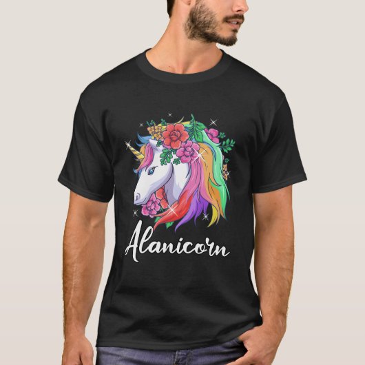 Schattigee alanicorn gepersonaliseerde naam eenhoo t-shirt (Voorkant)