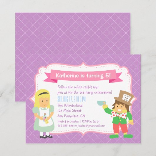 Schattigee Alice en Hatter Wonderland Tea Party Kaart (Voorkant / Achterkant)