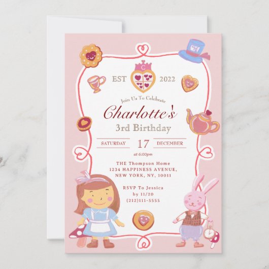 Schattigee Alice 'Tea Party Roze Verjaardagsuitnod Kaart (Voorkant)