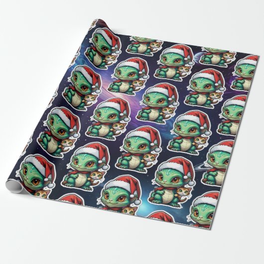 Schattigee Alien en Cat in Space Cadeaupapier (Uitgerold)