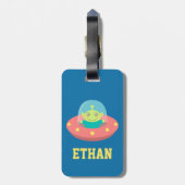Schattigee Alien in ruimteschip Kinder gepersonali Bagagelabel (Achterkant verticaal)