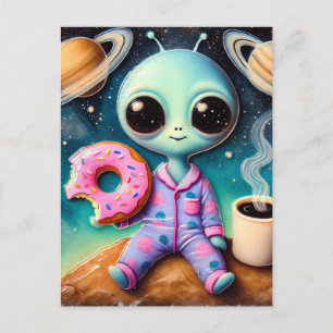 Schattigee alien met koffie en donut in de ruimte briefkaart