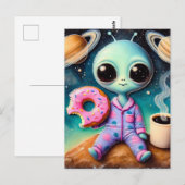 Schattigee alien met koffie en donut in de ruimte briefkaart (Voorkant / Achterkant)