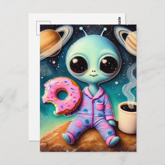Schattigee alien met koffie en donut in de ruimte briefkaart (Voorkant / Achterkant)