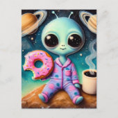Schattigee alien met koffie en donut in de ruimte briefkaart (Voorkant)