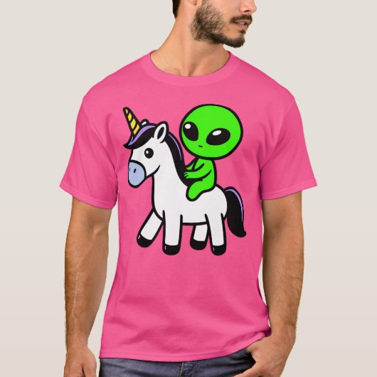 Schattigee Alien Riding Unicorn T-shirt (Voorkant)