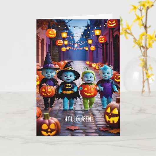 Schattigee Aliens Trick of Behandelaars Halloween  Kaart (Gele Bloem)