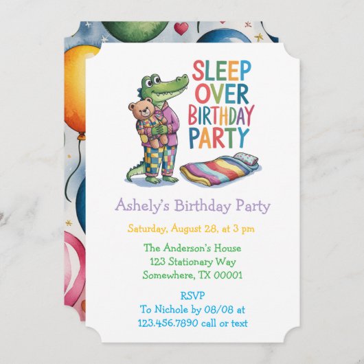 Schattigee Alligator Slaap Over Verjaardagsfeest Kaart (Voorkant / Achterkant)