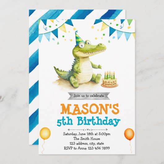 Schattigee Alligator verjaardagsuitnodiging Kaart (Voorkant / Achterkant)