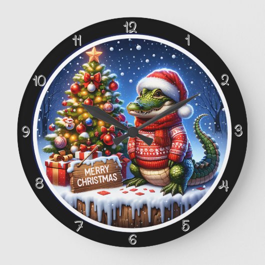 Schattigee alligator vrolijk kerstgrafisch grote klok (Voorkant)