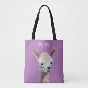 Schattigee alpaca, gepersonaliseerde naam, lavende tote bag