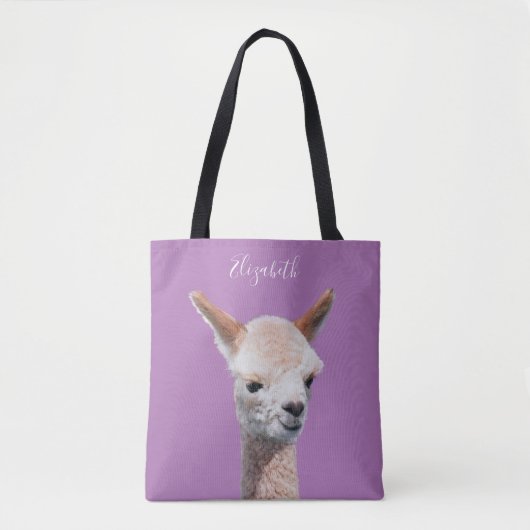 Schattigee alpaca, gepersonaliseerde naam, lavende tote bag (Voorkant)