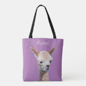 Schattigee alpaca, gepersonaliseerde naam, lavende tote bag (Achterkant)