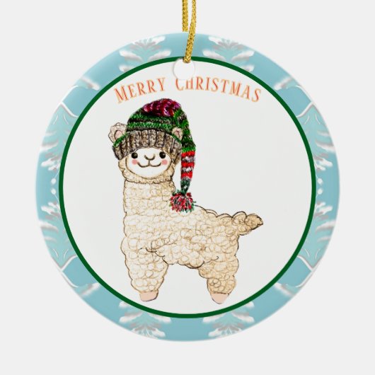 Schattigee alpaca met feestelijk pet keramisch ornament (Voorkant)