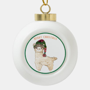 Schattigee alpaca met feestelijk pet keramische bal ornament