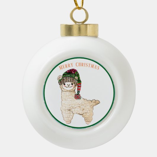 Schattigee alpaca met feestelijk pet keramische bal ornament (Voorkant)