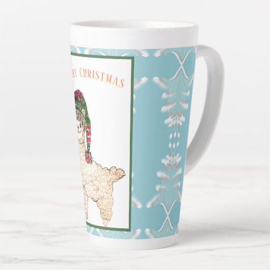 Schattigee alpaca met feestelijk pet latte mok (Rechterhoek)