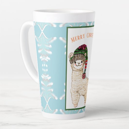 Schattigee alpaca met feestelijk pet latte mok (Linkerhoek)