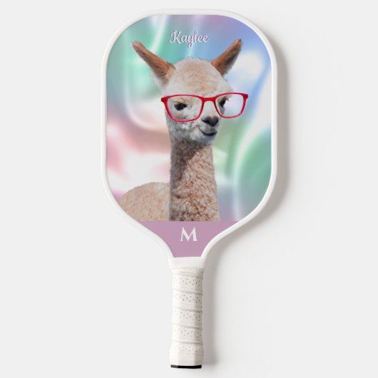 Schattigee Alpaca rode bril, naam monogram irisere Pickleball Paddle (Achterkant)