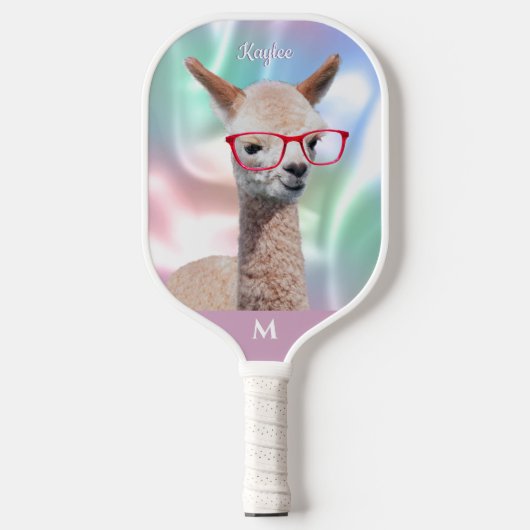 Schattigee Alpaca rode bril, naam monogram irisere Pickleball Paddle (Voorkant)