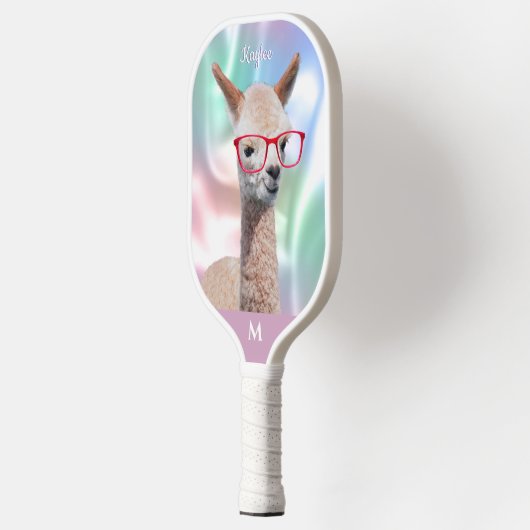 Schattigee Alpaca rode bril, naam monogram irisere Pickleball Paddle (Links)