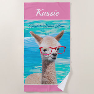 Schattigee Alpaca rode bril personaliseren naamber Strandlaken