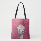 Schattigee alpaca, roze glitter, doe-het-zelf naam tote bag (Voorkant)