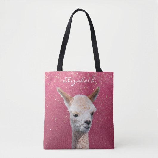 Schattigee alpaca, roze glitter, doe-het-zelf naam tote bag (Voorkant)