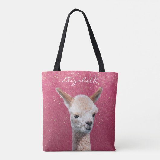 Schattigee alpaca, roze glitter, doe-het-zelf naam tote bag (Achterkant)