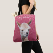 Schattigee alpaca, roze glitter, doe-het-zelf naam tote bag (Dichtbij)