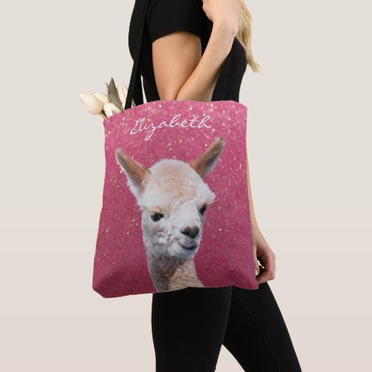 Schattigee alpaca, roze glitter, doe-het-zelf naam tote bag (Dichtbij)