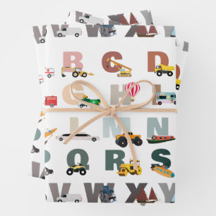 Schattigee Alphabet ABC Trucks, Transportvoertuige Inpakpapier Vel