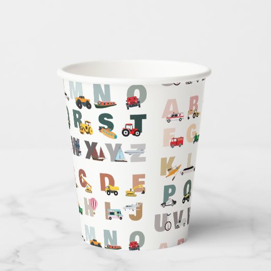 Schattigee Alphabet ABC Trucks, Transportvoertuige Papieren Bekers (Voorkant)