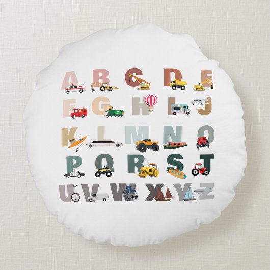 Schattigee Alphabet ABC Trucks, Transportvoertuige Rond Kussen (Achterkant)