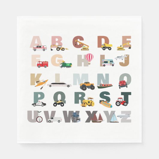 Schattigee Alphabet ABC Trucks, Transportvoertuige Servet (Voorkant)