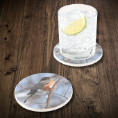 Schattigee Amerikaanse Robin zit op Snowy Branch i Zandsteen Onderzetter