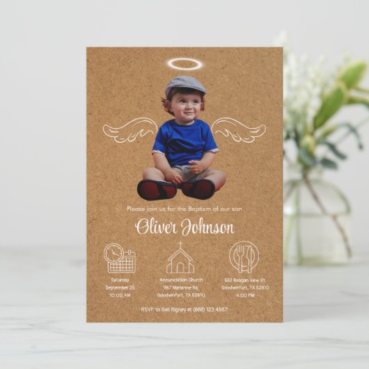 Schattigee Angel Bautizo Uitnodiging Doopdoop (Staand voorkant)