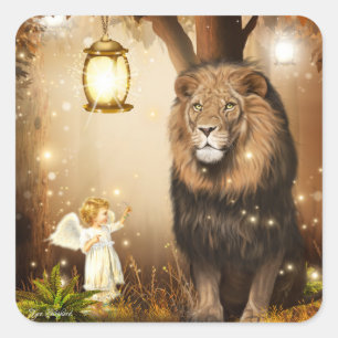 Schattigee Angel en Lion Fantasy Vierkante Sticker