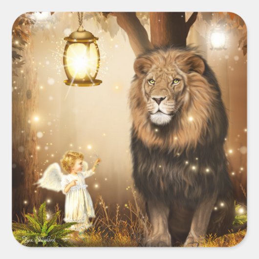 Schattigee Angel en Lion Fantasy Vierkante Sticker (Voorkant)