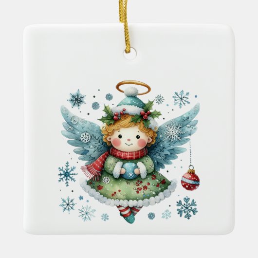 Schattigee Angel Folk Art Style Keramisch Ornament (Voorkant)