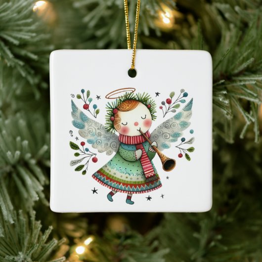 Schattigee Angel Folk Art Style Keramisch Ornament (Boom)