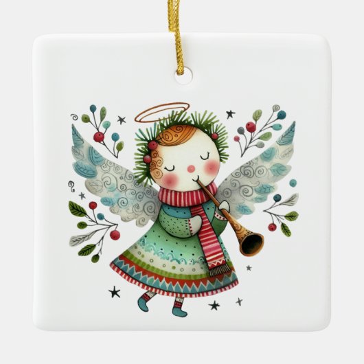 Schattigee Angel Folk Art Style Keramisch Ornament (Voorkant)