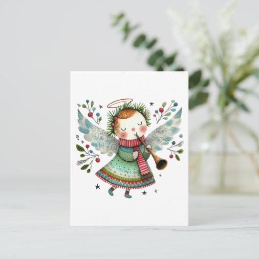 Schattigee Angel Folk Art Style Vrolijk Kerstfeest Briefkaart (Staand voorkant)